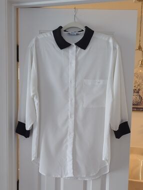 Classic White Button-Up Shirt with Black Collar and Cuffs